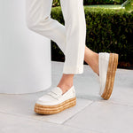 Platform Leather Raffia Trim Loafers