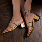Dark Colourful 40mm Crystal Embellished Block Heel Slides