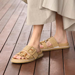 Robin Double Buckle Flat Straw Slides