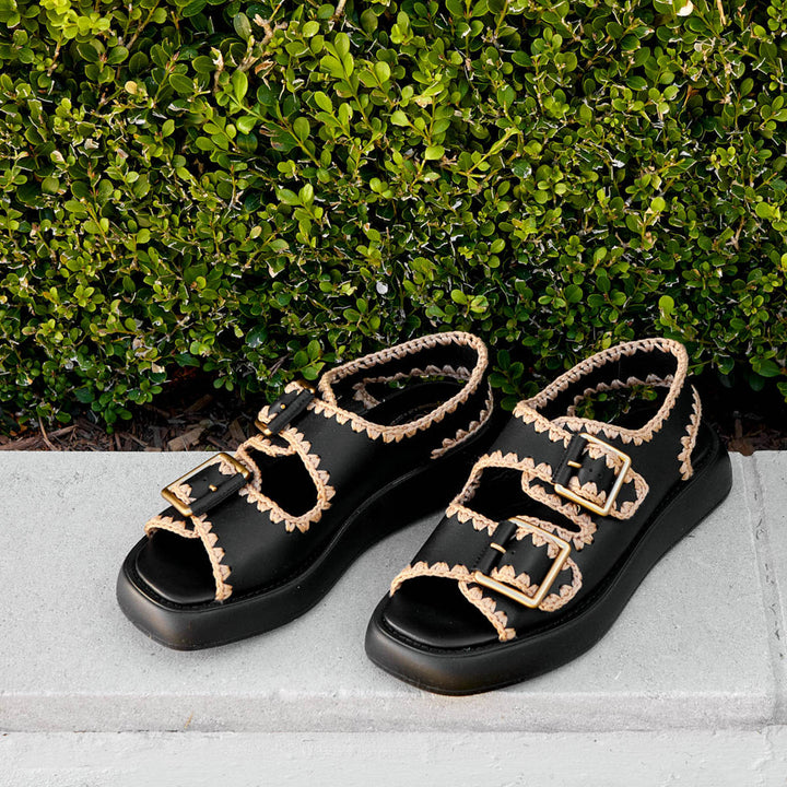 Chunky Double Buckle Handstitched Leather Sandals