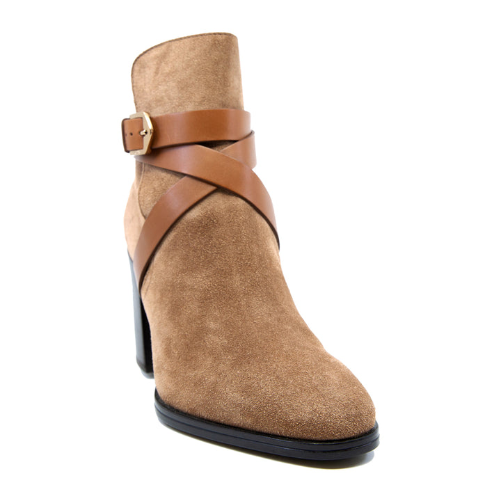 wraparound suede and leather high heel ankle boots