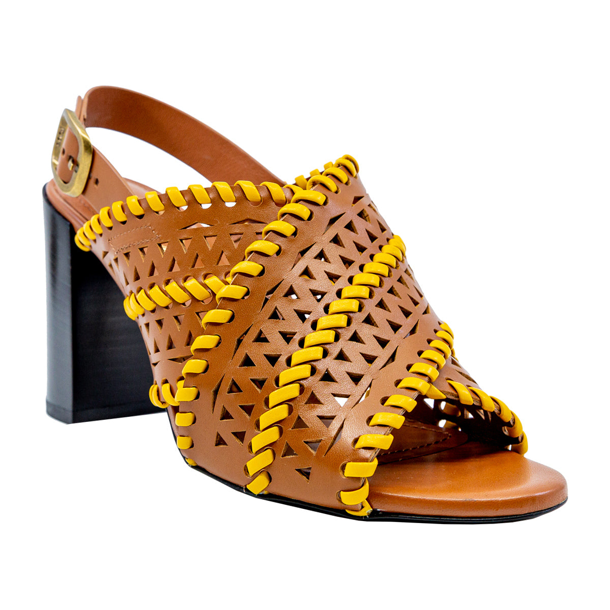Woven High Leather Block Heel Sandals