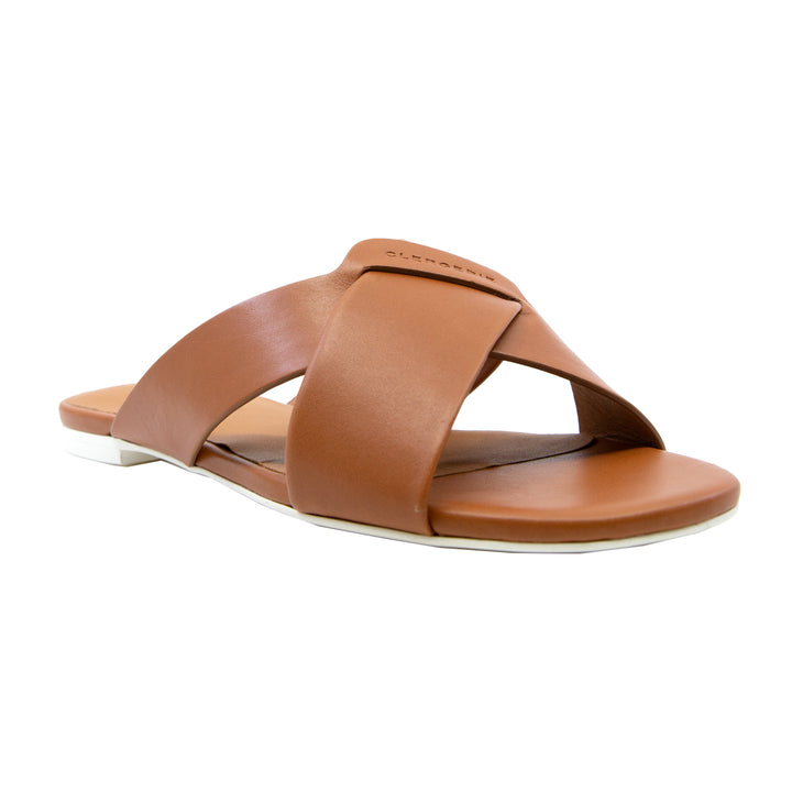 Issy Crossover Flat Leather Slides with Rubber Sole